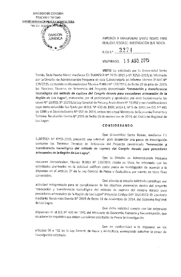 Res. Ex. N° 2274-2015 Innovación y transferencia tecnológica del método de captura del Congrio dorado para pescadores artesanales, X Región de Los Lagos.