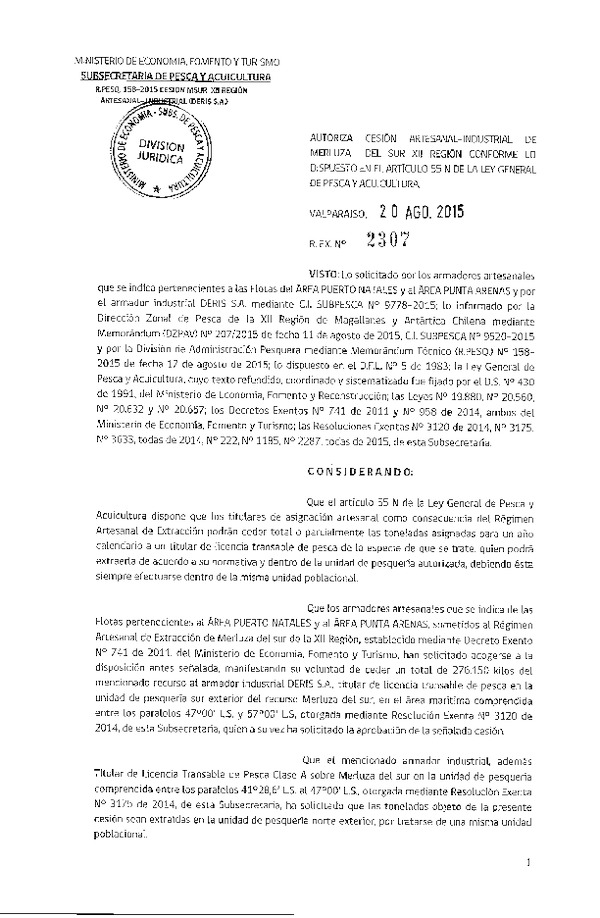 Res. Ex. N° 2307-2015 Autoriza cesión Merluza del sur XII Región.