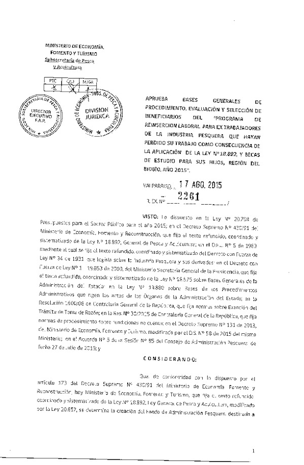 Res. Ex. N° 2261-2015 Aprueba bases generales de procedimiento, evaluación y selección de beneficiarios del "Programa de reinserción laboral", Región del Biobío.