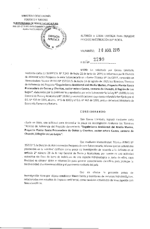 Res. Ex. N° 2299-2015 Seguimiento ambienatl del medio marino sector estero Castro, X Región.