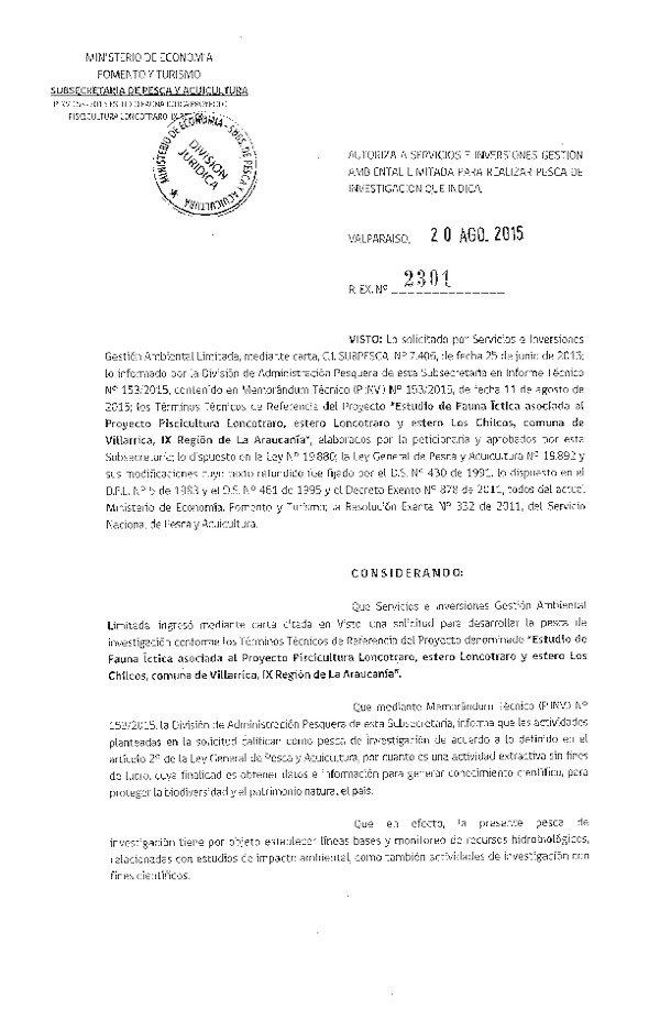 Res. Ex. N° 2301-2015 Estudio de fauna íctica Proyecto Piscicultura Loncotrao, IX Región.