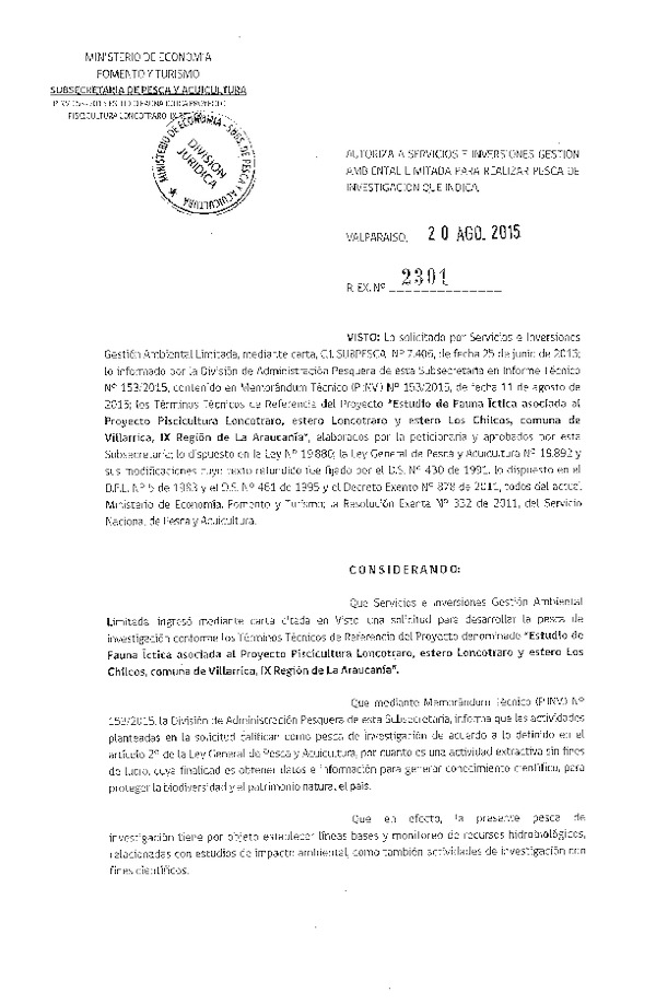 Res. Ex. N° 2301-2015 Estudio de fauna íctica Proyecto Piscicultura Loncotrao, IX Región.