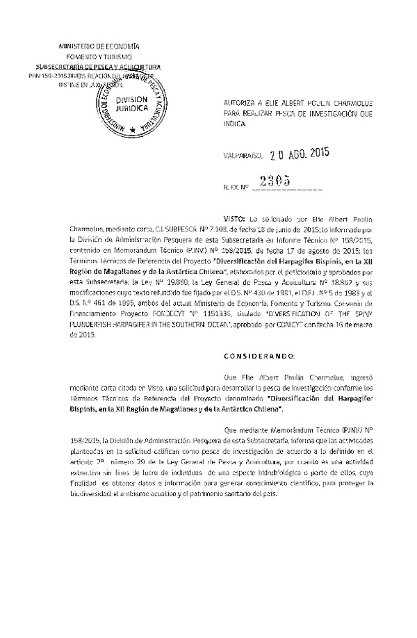 Res. Ex. N° 2305-2015 Diversificación del harpagifer Bispinis, XII Región.