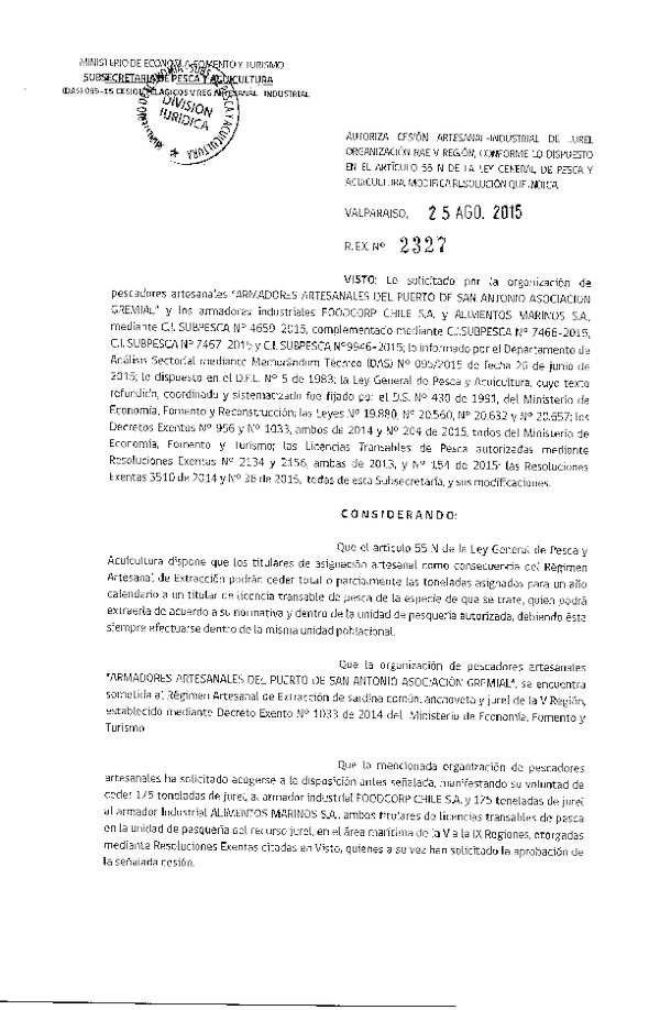 Res. Ex. N° 2327-2015 Autoriza cesión Jurel V Región.