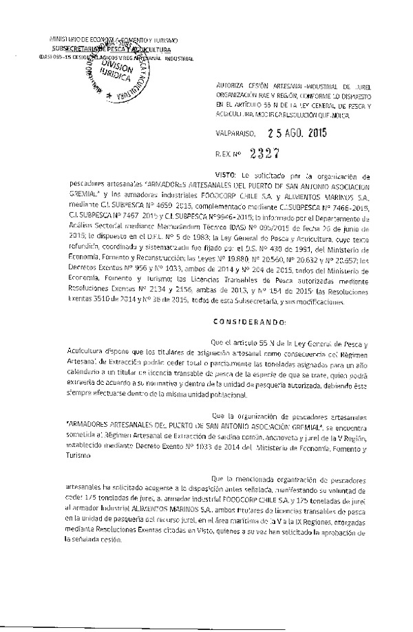 Res. Ex. N° 2327-2015 Autoriza cesión Jurel V Región.