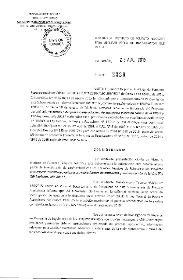 Res. Ex. N° 2329-2015 Monitoreo del proceso reproductivo de Anchoveta de la VIII, IX y  XIV Región.