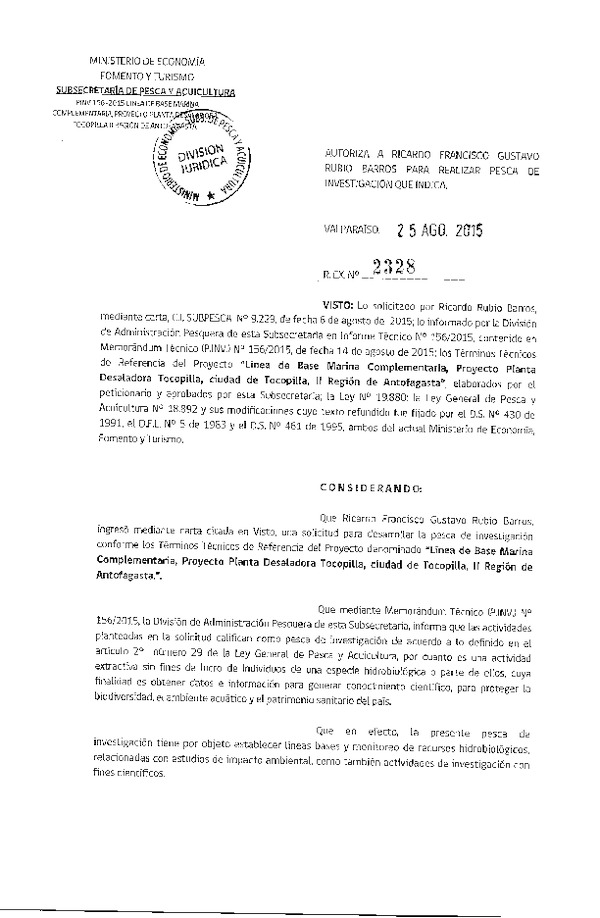 Res. Ex. N° 2328-2015 Línea de base marina complementaria, proyecto planta desaladora Tocopilla, ciudad de Tocopilla, II Región de Antofagasta.