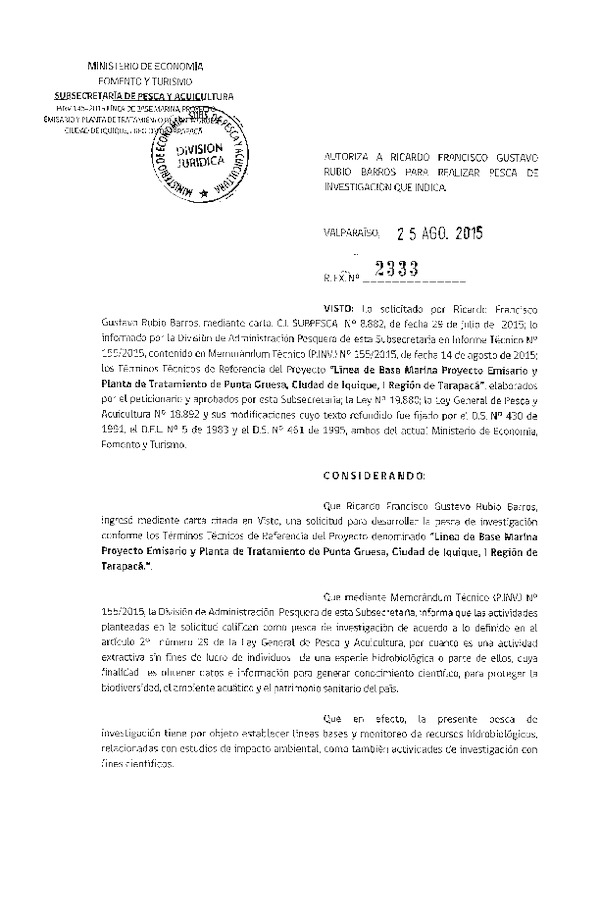 Res. Ex. N° 2333-2015 Línea de base marina proyecto emisario y planta de tratamiento de Punta Gruesa, ciudad de Iquique, I Región de Tarapacá.