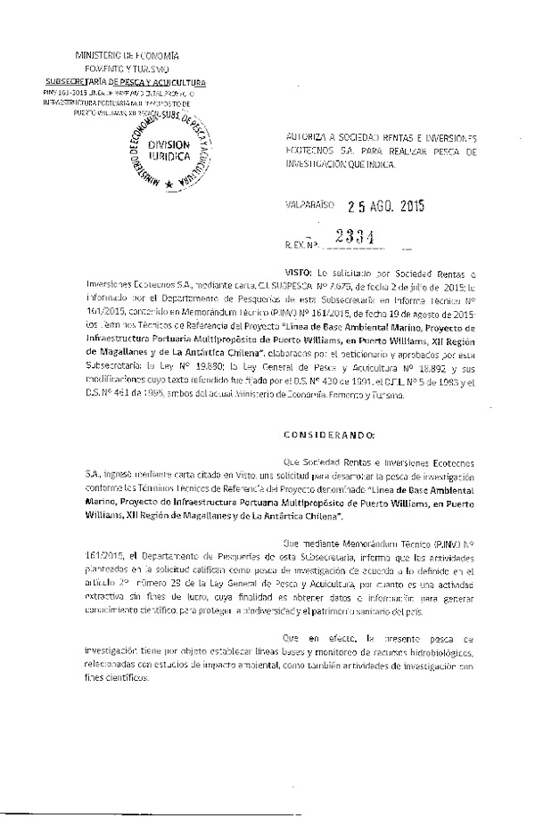 Res. Ex. N° 2334-2015 Línea de base marina proyecto de infraestructura portuaria multipropósito de Puerto Williams, XII Región de Magallanes y de la Antártica Chilena.