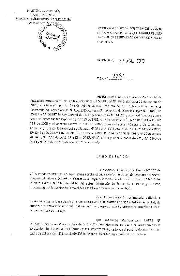 Res. Ex. N° 2331-2015 Modifica  Res. Ex. N° 235-2015 10° SEGUIMIENTO.