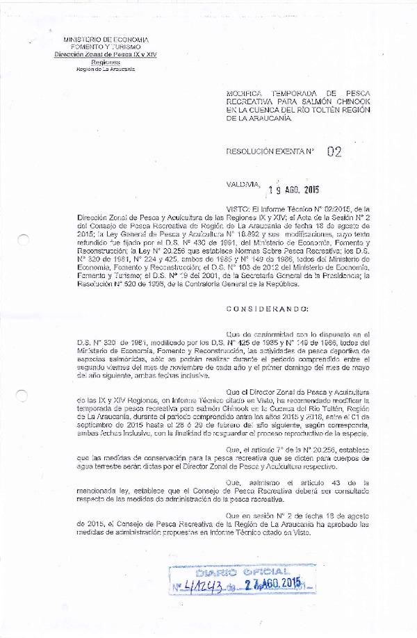 Res. Ex. N° 2-2015 Establece Medidas de Administración para Salmón Chinook en la Región de La Araucanía. (F.D.O. 27-08-2015)