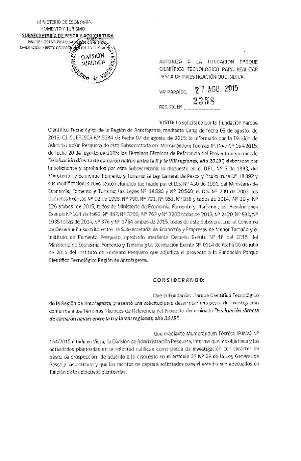 Res. Ex. N° 2358-2015 Evaluación directa de Camarón nailon II-VIII Regiones.
