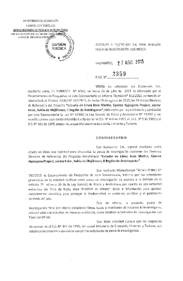 Res. Ex. N° 2359-2015 Estudio de línea de base marina spence Hypogene Project, sector Kelar, Bahía de Mejillones, II Región de Antofagasta.