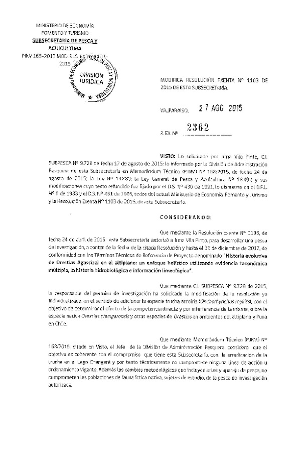 Res. Ex. N° 2362-2015 Modifica Res. Ex. N° 1103-2015 Pesca de investigación.