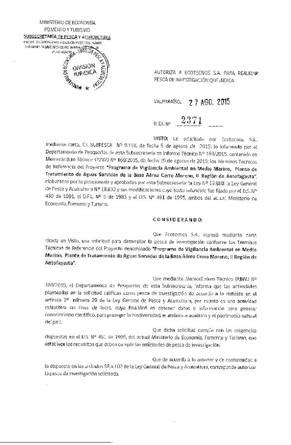 Res. Ex. N° 2371-2015 Programa de vigilancia ambienatl de medio marino planta de tratamiento de aguas servidas de la Base Aérea Cerro Moreno, II Región de Antofagasta.