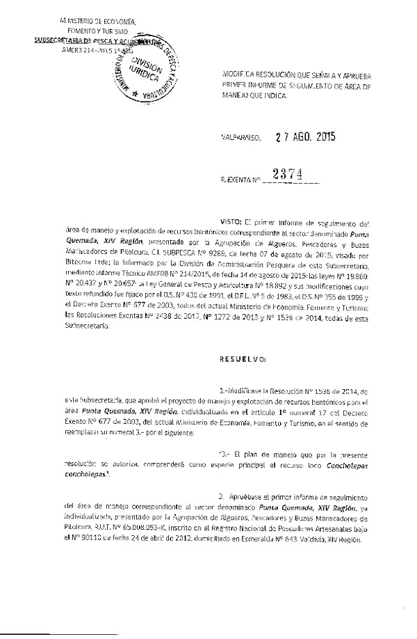 Res. Ex. N° 2374-2015 Modifica Res. Ex. N°1536-2014 PLAN DE MANEJO.