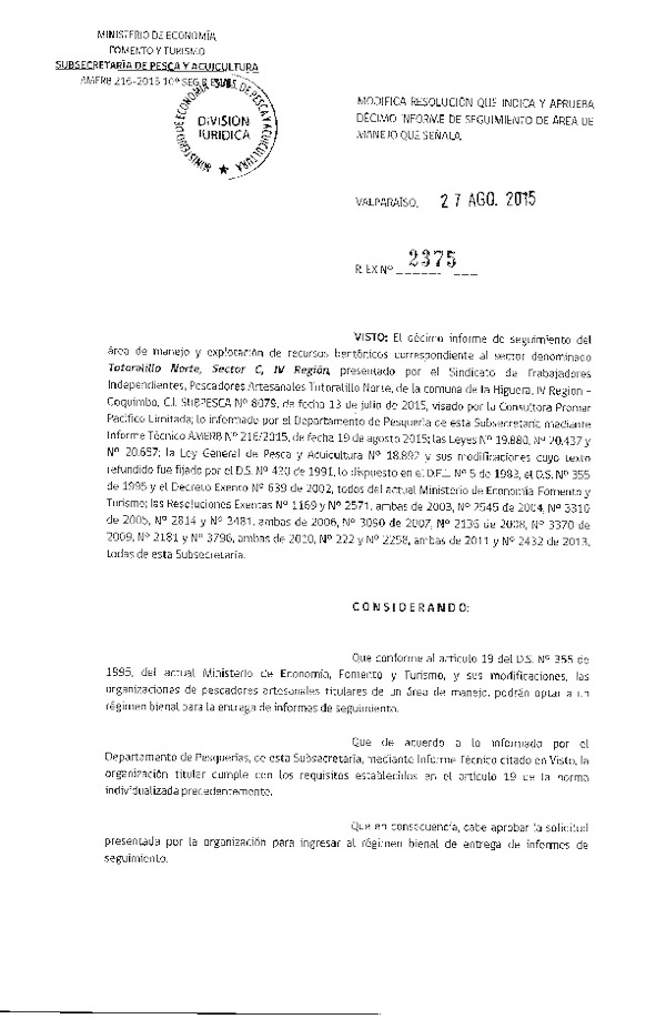 Res. Ex. N° 2375-2015 10° SEGUIMIENTO.