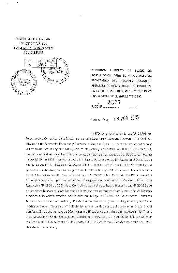 Res. Ex. N° 2377-2015 Autoriza aumento de plazo de postulación para el "Programa de monitoreo del recurso pesquero merluza común y otros disponibles en la regiones IV, V, VI, VII y VIII"