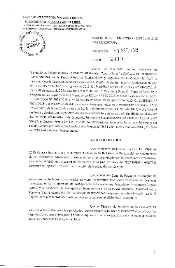 Res. Ex. N° 2419-2015 Modifica Res. Ex. N° 2294-2015 Autoriza cesión Merluza del sur, XI Regíón.