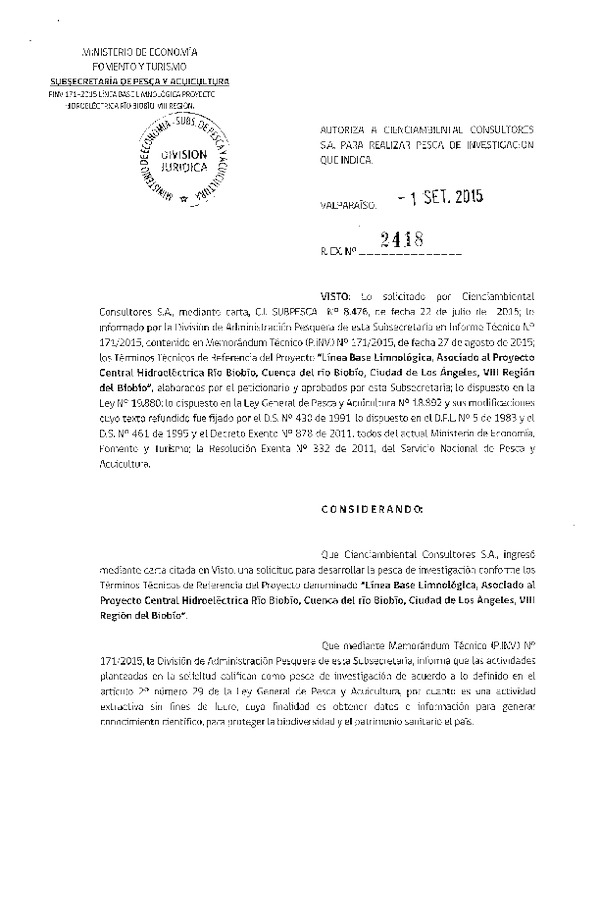 Res. Ex. N° 2418-2015 Línea base limnológica, cuenca río Biobío, VIII Región.