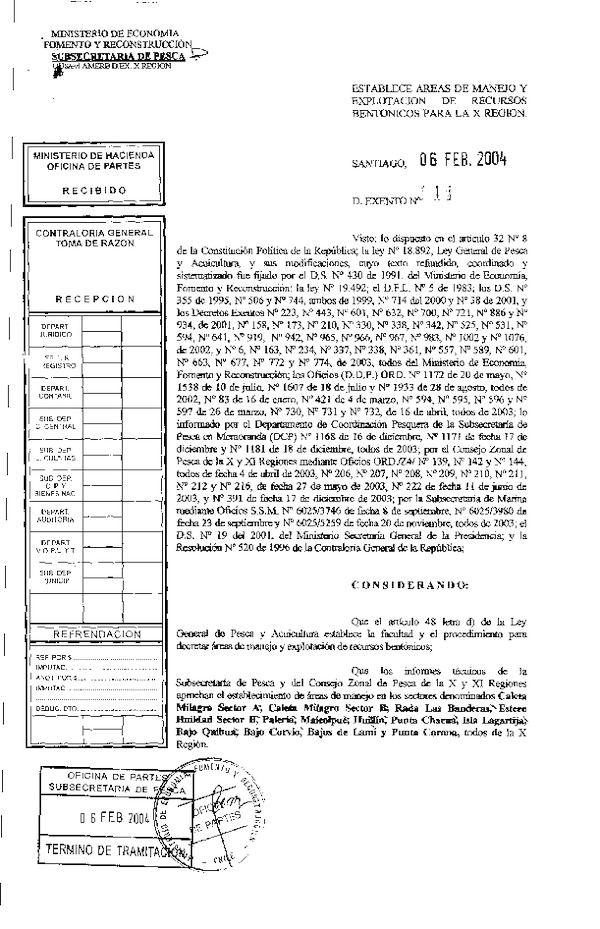 Dec. Ex. N° 144-2004 Establece Áreas de Manejo y Explotación de Recursos Bentónicos, Caleta Milagro Sector A, B, Rada Las Banderas, Estero Huildad Sector B y otros. X Región.