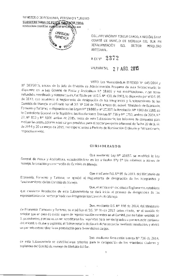 Res. Ex. N° 2372-2015 Declara vacante tercer cargo, XI Región Comité de Manejo de Merluza del sur. (F.D.O. 03-09-2015)