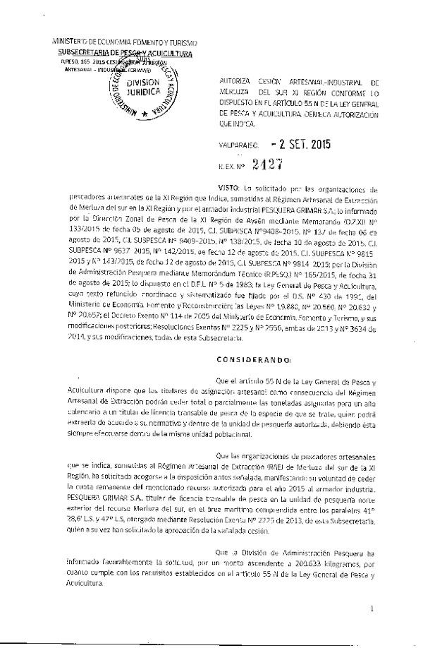 Res. Ex. N° 2427-2015 Autoriza cesión Merluza del sur XI Región.