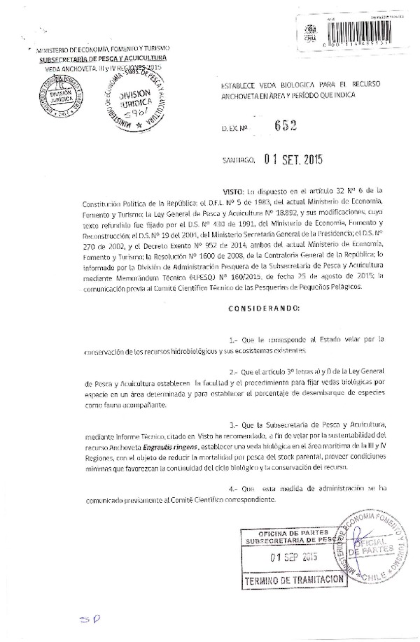 Dec. Ex. N° 652-2015 Establece Veda Biológica para el recurso Anchoveta III-IV Regiones. (F.D.O. 07-09-2015)