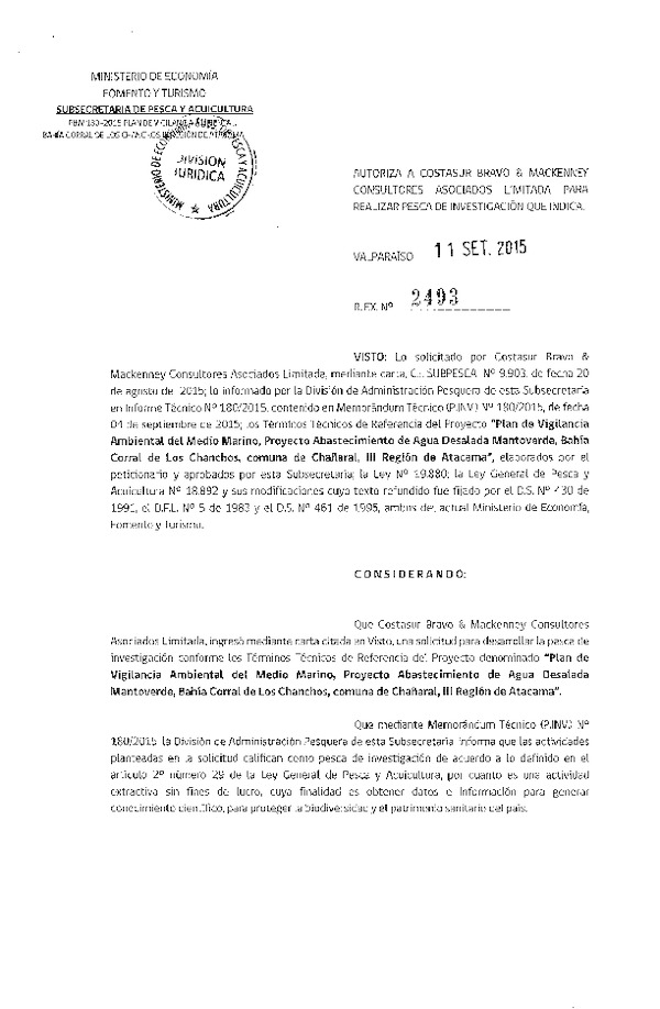 Res. Ex. N° 2493-2015 Plan de vigilancia ambiental, Bahía Corral de Los Chanchos, III Región de Atacama.