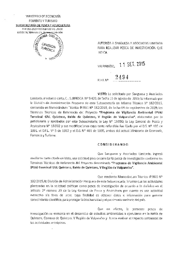 Res. Ex. N° 2494-2015 Programa de vigilancia ambiental, Bahía de Quintero, V Región de Valparaíso.