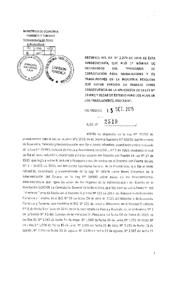 Res. Ex N° 2419-2015 Rectifica Res. Ex. N° 2270-2015 Fija 1° Nómina de rechazados Programa de capacitación.