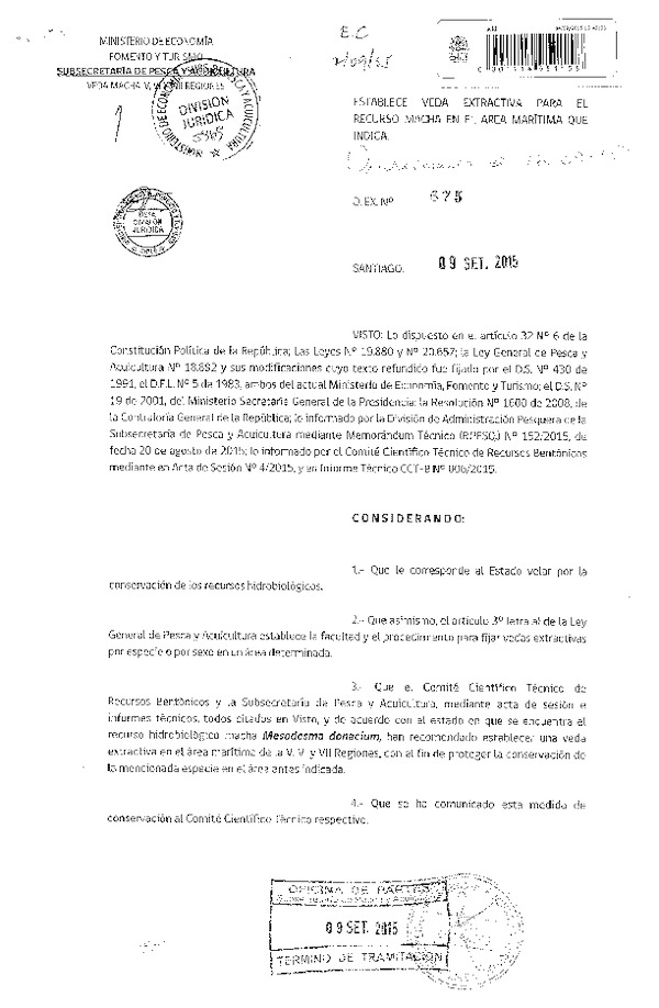 Dec. Ex. Nº 675-2015 Establece Veda extractiva para el recurso Macha, desde la V a VII Región. (F.D.O. 16-09-2015)