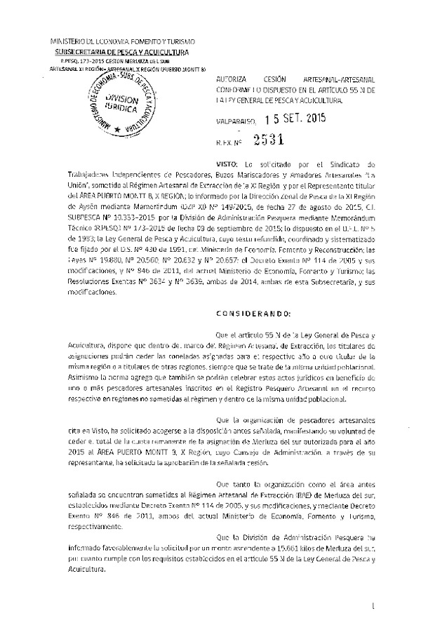 Res. Ex. N° 2531-2015 Autoriza cesión Merluza del sur, XI a X Regíón.