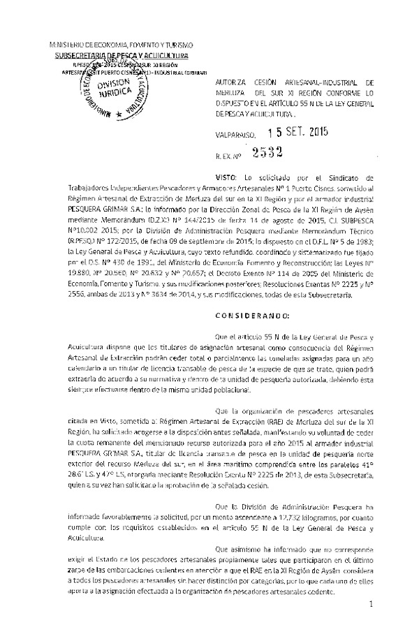 Res. Ex. N° 2532-2015 Autoriza cesión Merluza del sur XI Región.