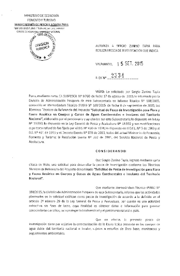 Res. Ex. N° 2534-2015 Flora y fauna acuática en cuerpos y cursos de aguas continentales e insulares del territorio nacional.