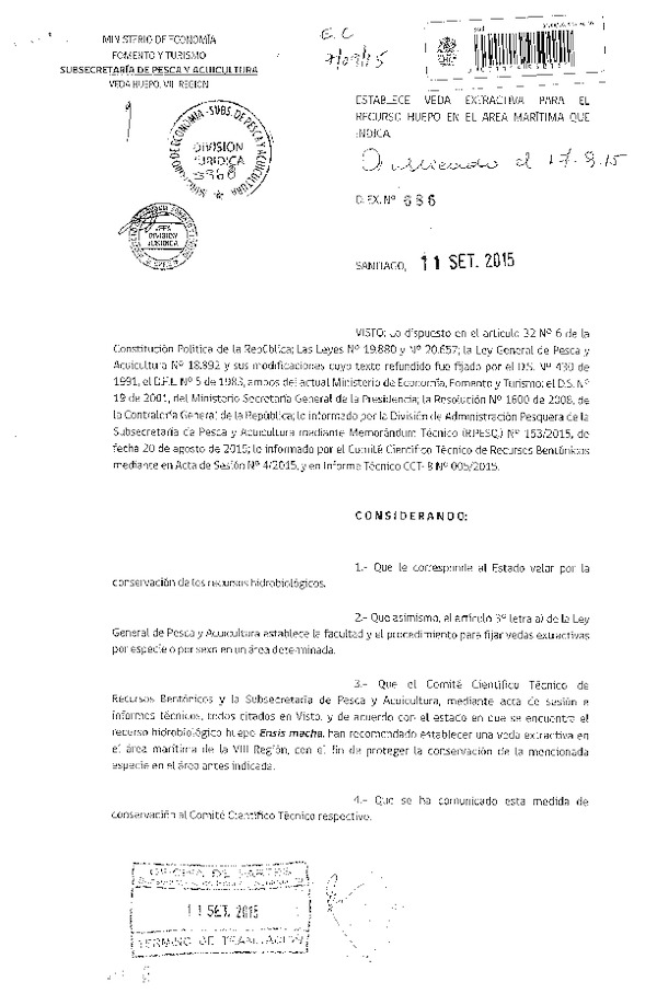 Dec. Ex. N° 686-2015 Establece Veda Extractiva para el Recurso Huepo, VIII Región.