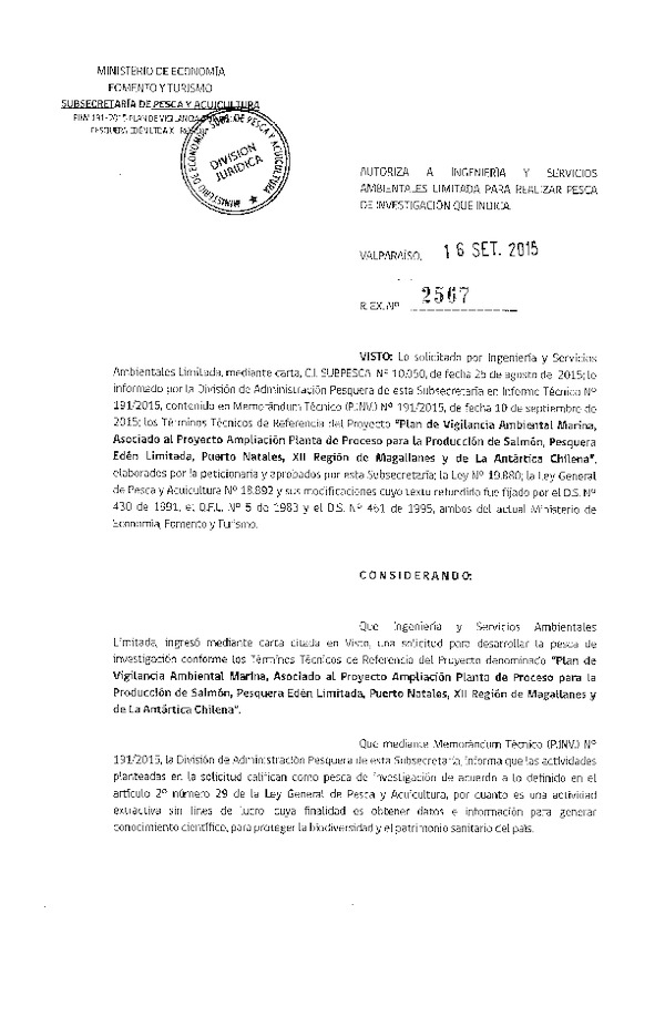 Res. Ex. N° 2567-2015 Plan de vigilancia ambiental marina Puerto Natales, XII Región.