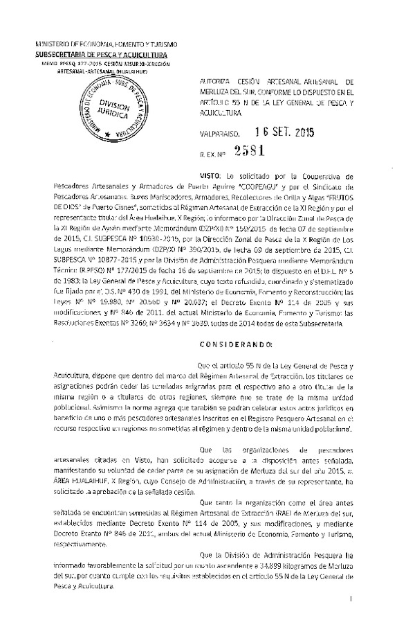 Res. Ex. N° 2581-2015 Autoriza cesión Merluza del sur, XI a X Regíón.