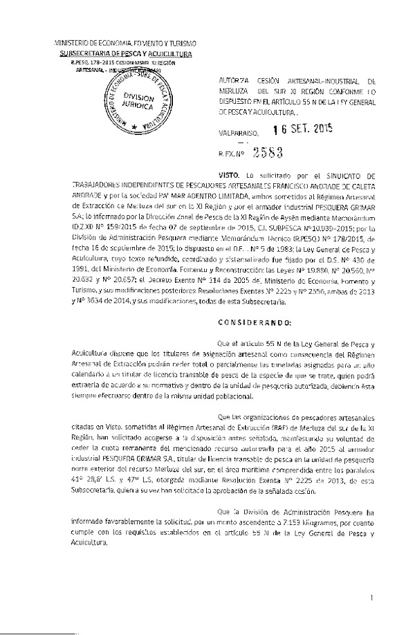 Res. Ex. N° 2583-2015 Autoriza cesión Merluza del sur XI Región.