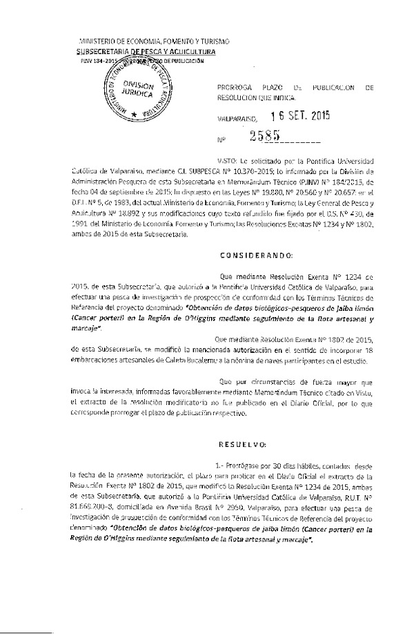 Res. Ex. N° 2585-2015 Prorroga plazo de publicación de Res. Ex. N° 1802-2015.