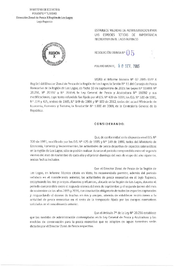 Res. Ex. Nº 5-2015 Establece Medidas de Administración para las Especies de Importancia Recreativa en el Lago Rapanco. (DZP X). (F.D.O. 22-09-2015)