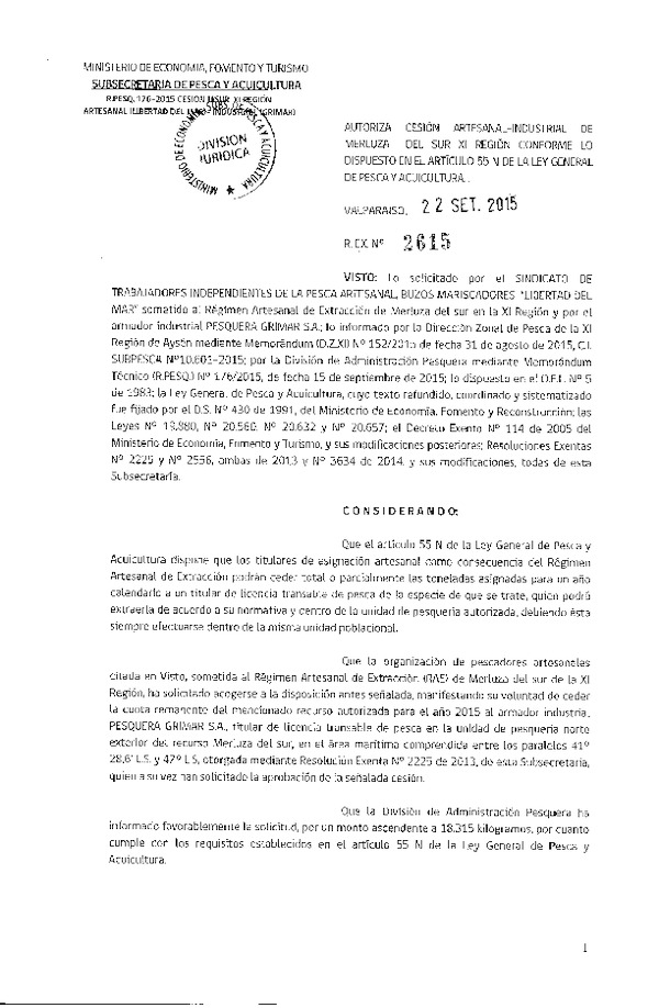 Res. Ex. N° 2615-2015 Autoriza cesión Merluza del sur, XI Región.