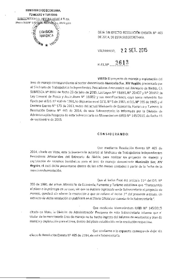 Res. Ex. N° 2613-2015 DEJA SIN EFECTO Res. Ex. N° 465-2014.