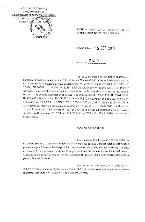 Res. Ex. N° 2537-2015 Rechaza solicitud de modificacion de concesión de acuicultura que indica.