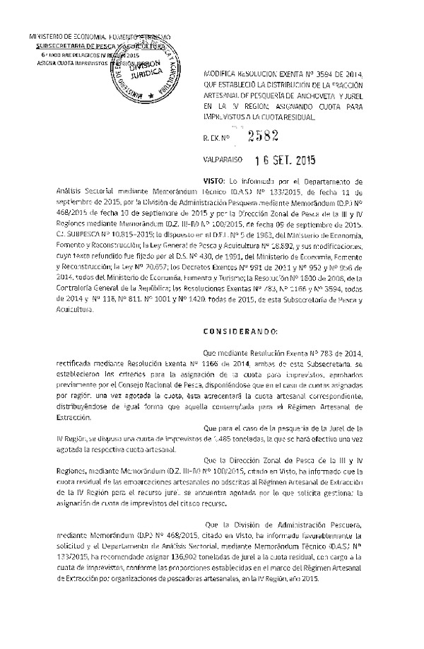 Res. Ex. N° 2582-2015 Modifica Res. Ex. N° 3594-2014 Distribución de la Fracción Artesanal de la Cuota Global Anual de Captura Anchoveta y Jurel, IV Región. (F.D.O. 25-09-2015)