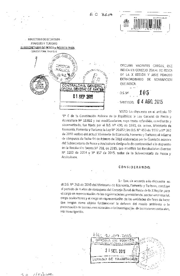 Dec. Ex. N° 105-2015 Declara Vacantes Cargos que Indica en CZP de la X Región y Abre Período Extraordinario de Nominación que Indica. (F.D.O. 28-09-2015)