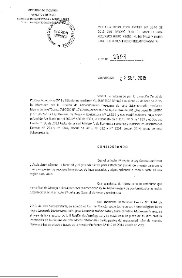 Res. Ex. N° 2598-2015 Modifica Res. Ex. Nº 3344-2013, Plan de Manejo Algas Pardas. (F.D.O. 28-09-2015)