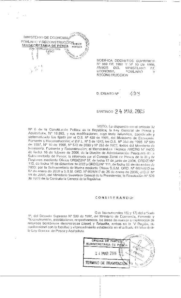 Dec. Ex. N° 498-2006 MODIFICA D.S. N° 509-1997 Y N° 10-1998, LIMARÍ Y TALQUILLA, IV REGIÓN.