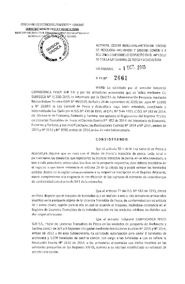 Res. Ex. N° 2661-2015 Autoriza cesión anchoveta y sardina común XIV a X Regón.