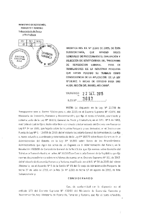 Res. Ex. N° 2612-2015 Modifica 2261-2015 Aprueba bases generales de procedimiento, evaluación y selección de beneficiarios del "Programa de reinserción laboral", Región del Biobío.